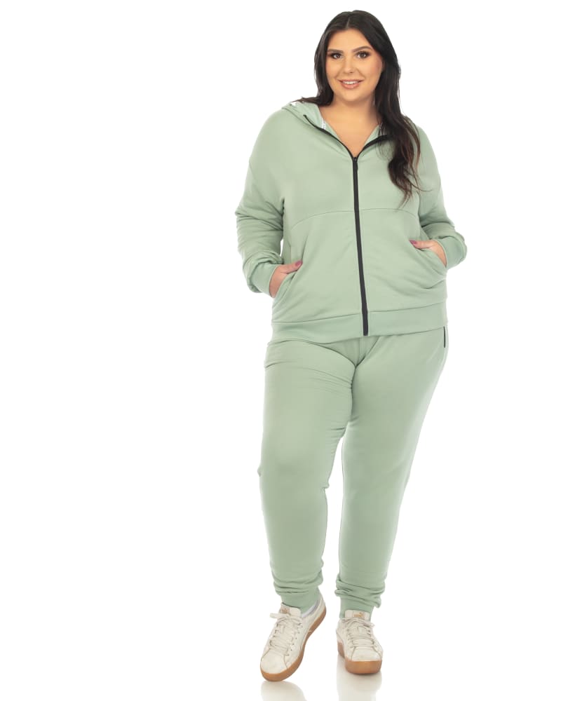 Front of a model wearing a size 3X Two Piece Fleece Tracksuit Set in Sage by White Mark. | dia_product_style_image_id:324436